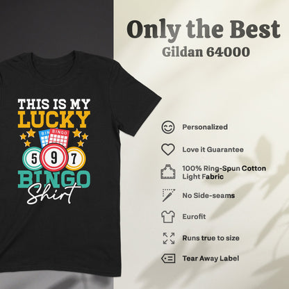 T-shirt with "This is my lucky bingo shirt" text and bingo balls.