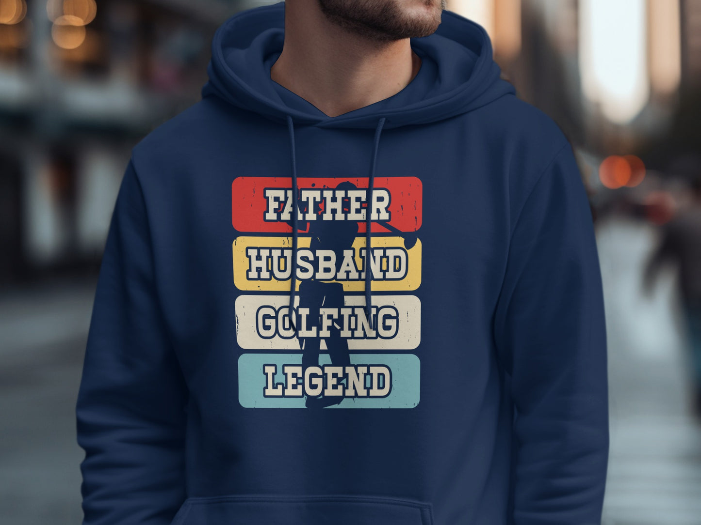 Navy hoodie with "Father Husband Golfing Legend" text and silhouette.