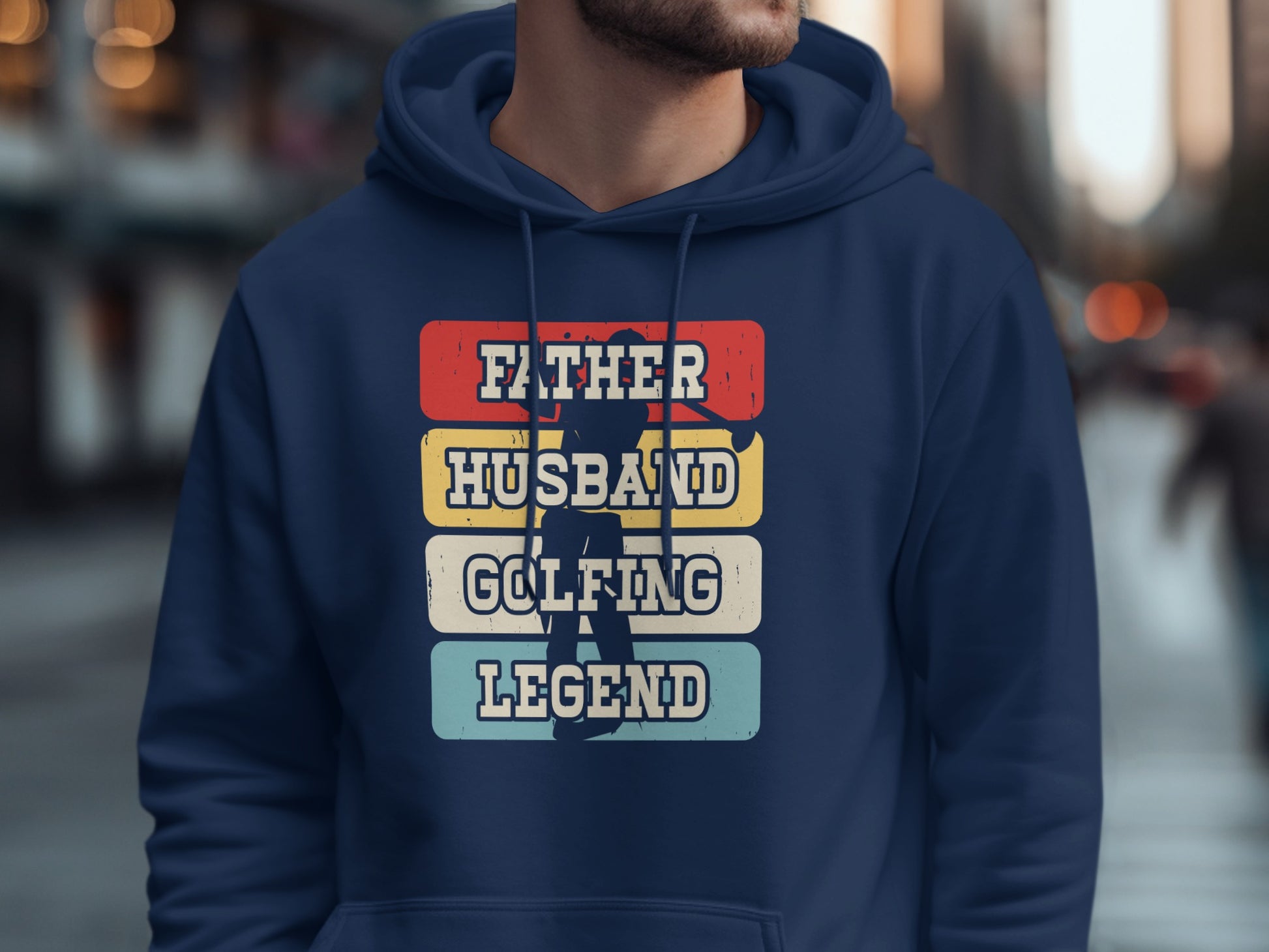 Navy hoodie with "Father Husband Golfing Legend" text and silhouette.