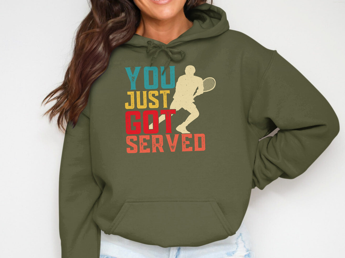 Green hoodie with "YOU JUST GOT SERVED" text and a tennis player graphic.