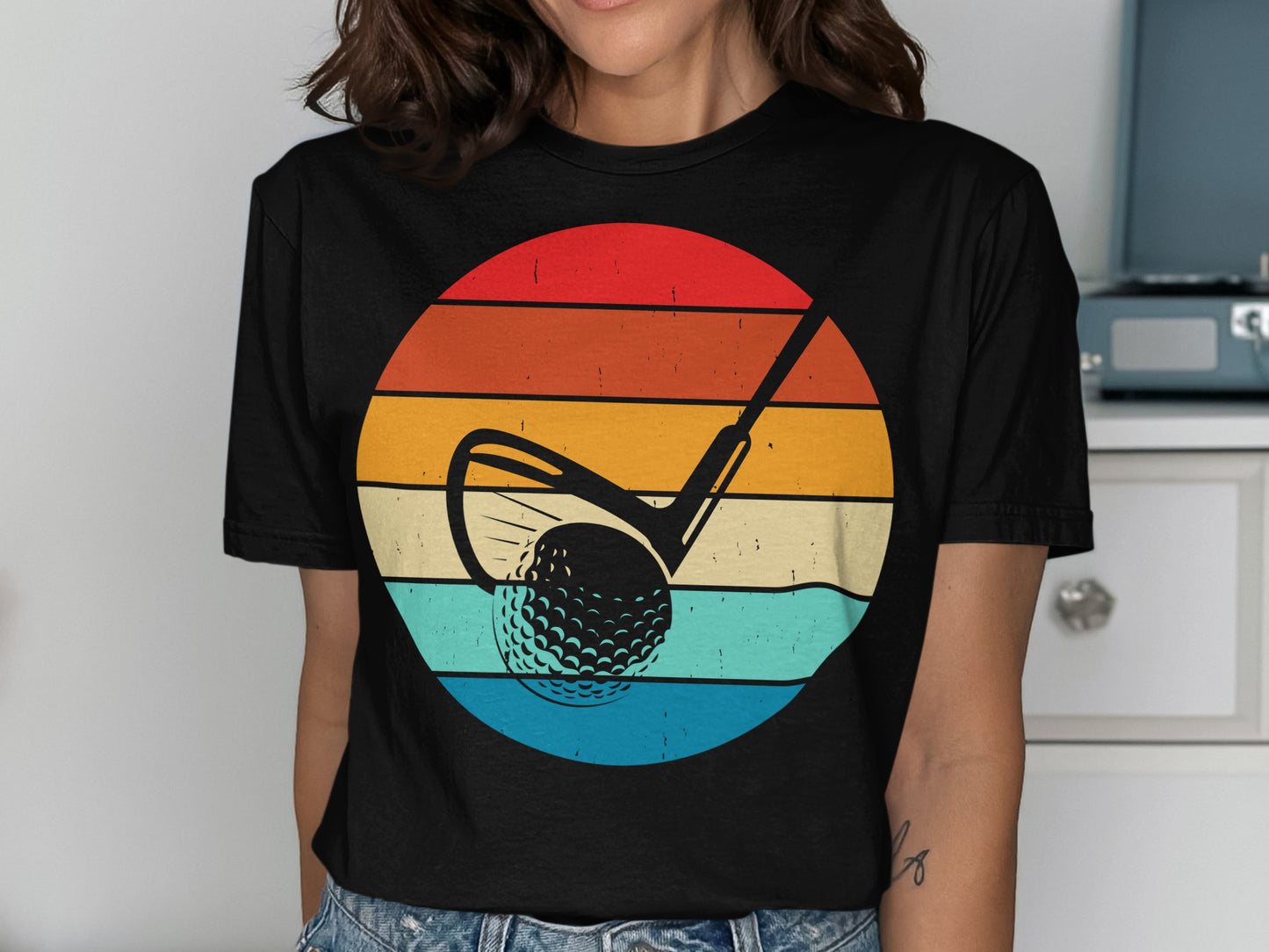 Golf club and ball silhouette on a striped sunset background.