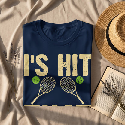 Navy t-shirt with "I'S HIT" text, tennis rackets, and balls.