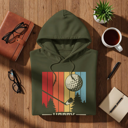 Olive green hoodie with vintage golf graphic and text.
