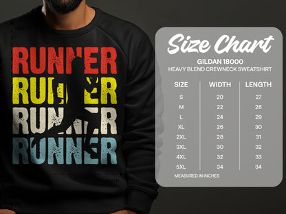 Gildan 18000 sweatshirt size chart with measurements for runner graphic.