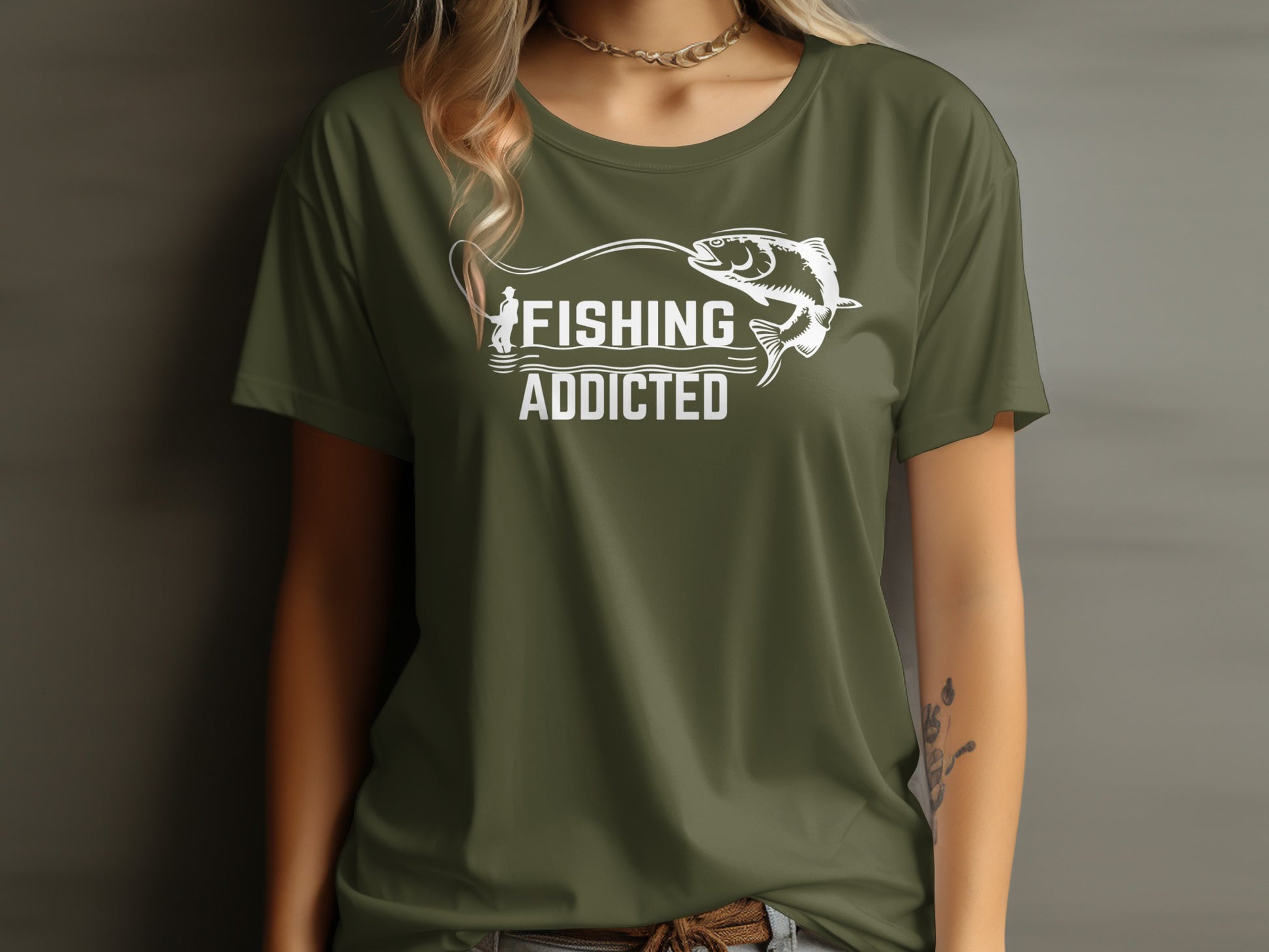 Olive green t-shirt with "FISHING ADDICTED" text and fish graphic.