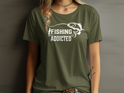 Olive green t-shirt with "FISHING ADDICTED" text and fish graphic.