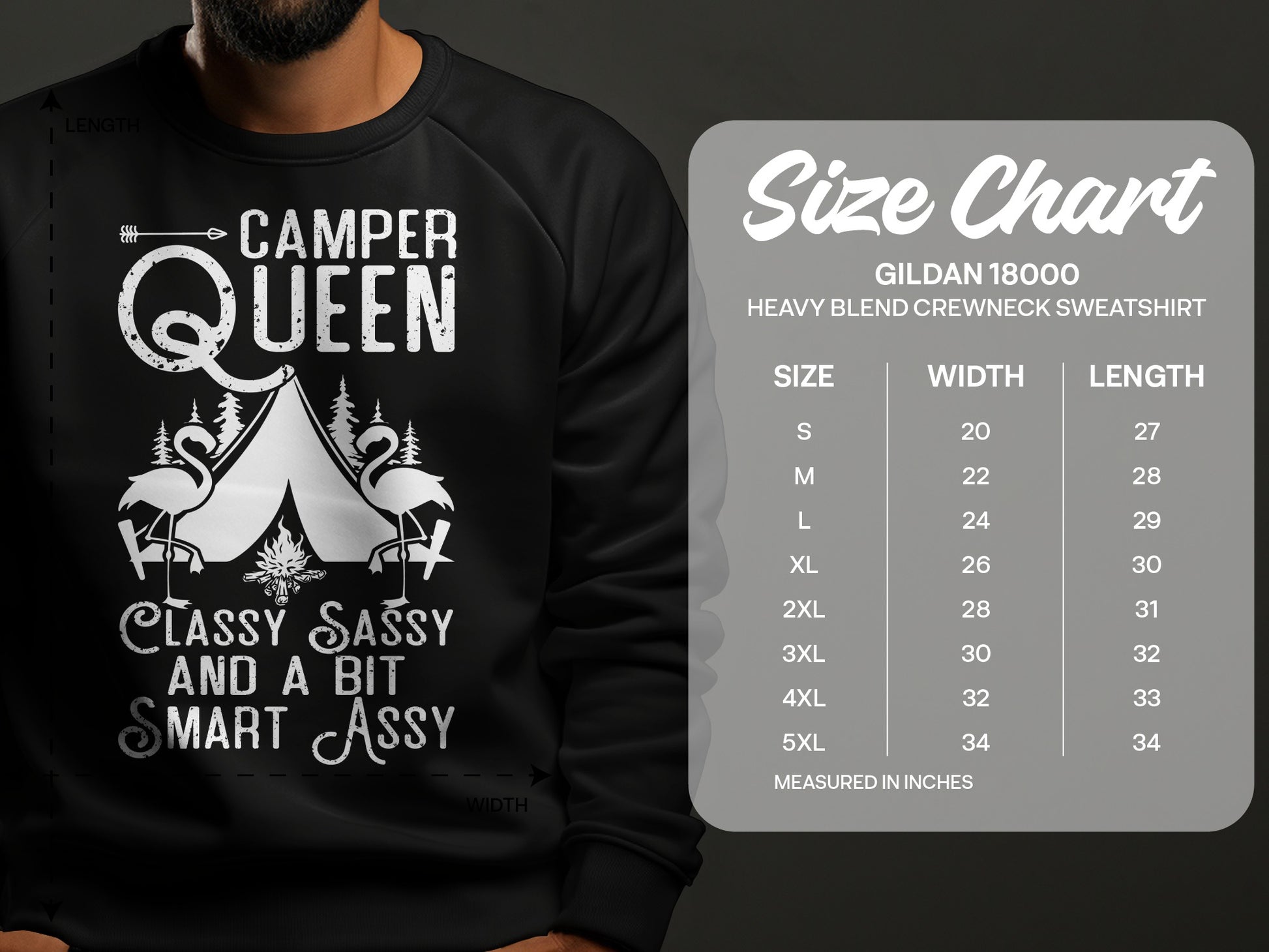 Black sweatshirt with "Camper Queen Classy Sassy Smart Assy" design and size chart.