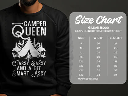 Black sweatshirt with "Camper Queen Classy Sassy Smart Assy" design and size chart.