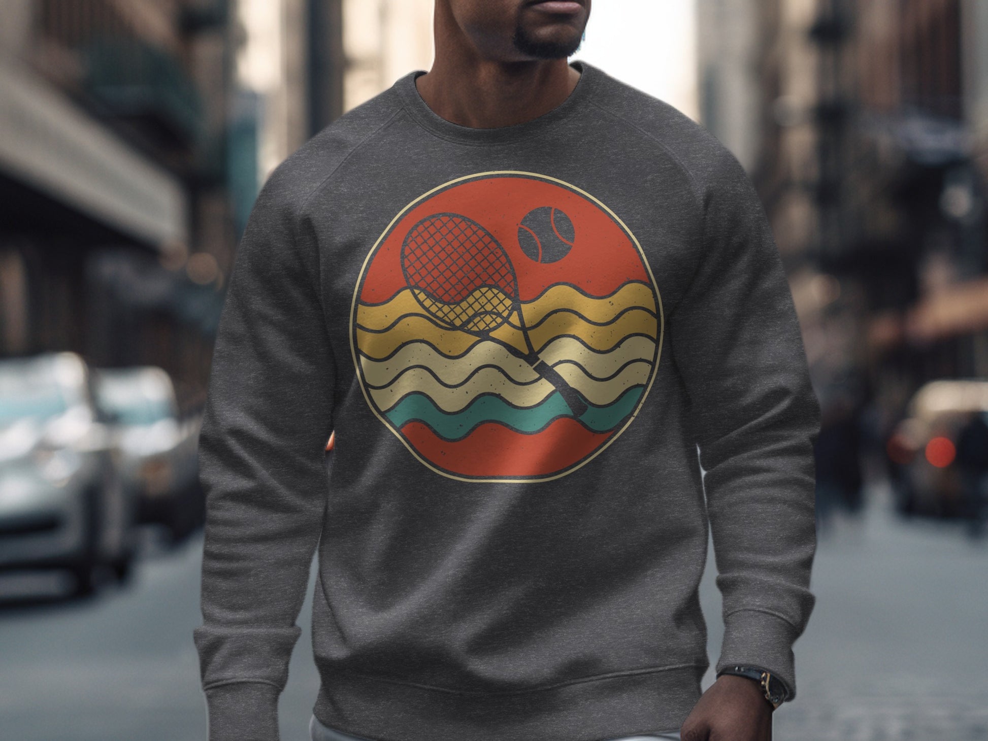Graphic sweatshirt with a retro tennis scene featuring a racket, ball, and wavy lines.