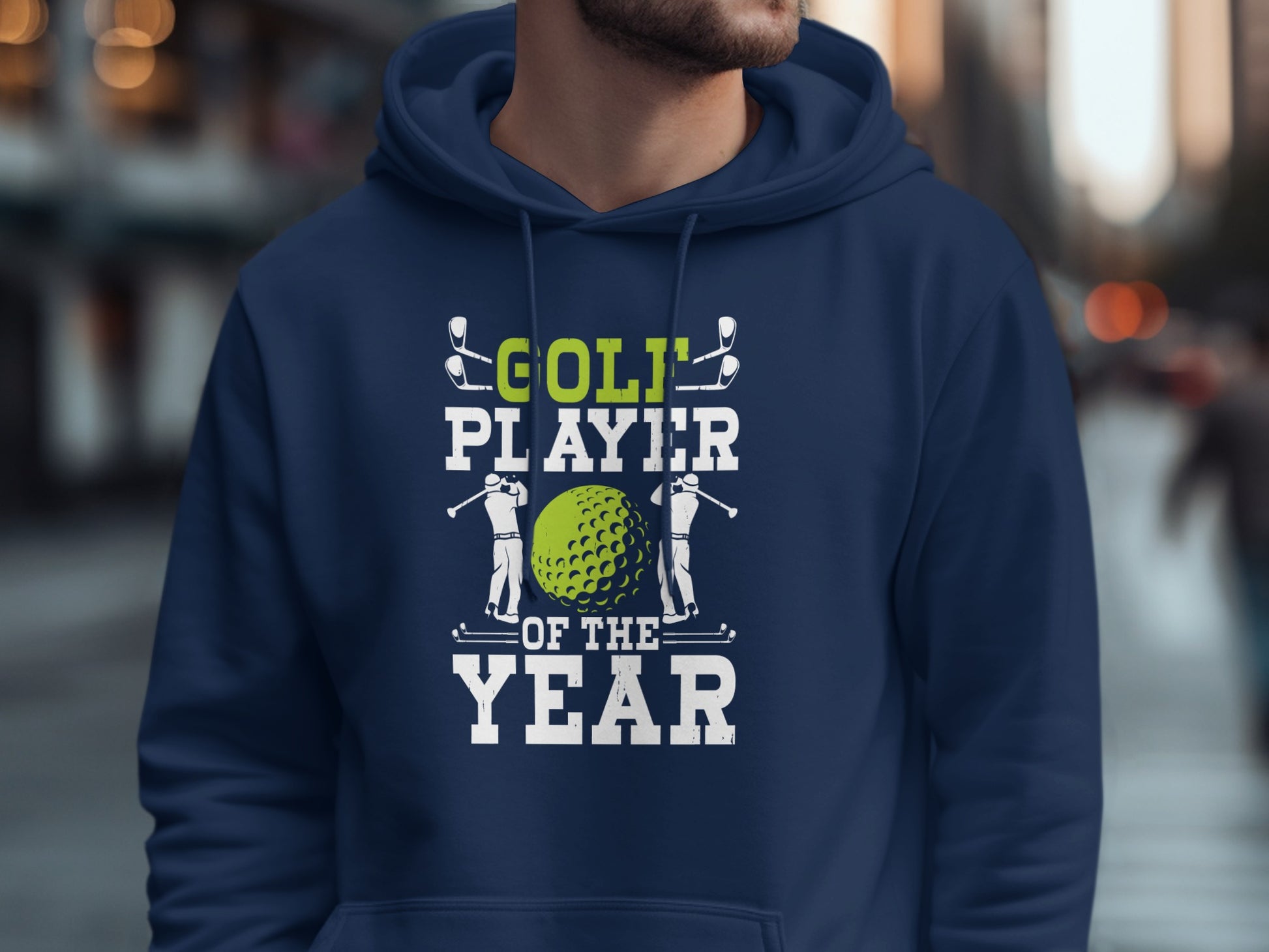 Navy hoodie with "Golf Player of the Year" text and golf imagery.