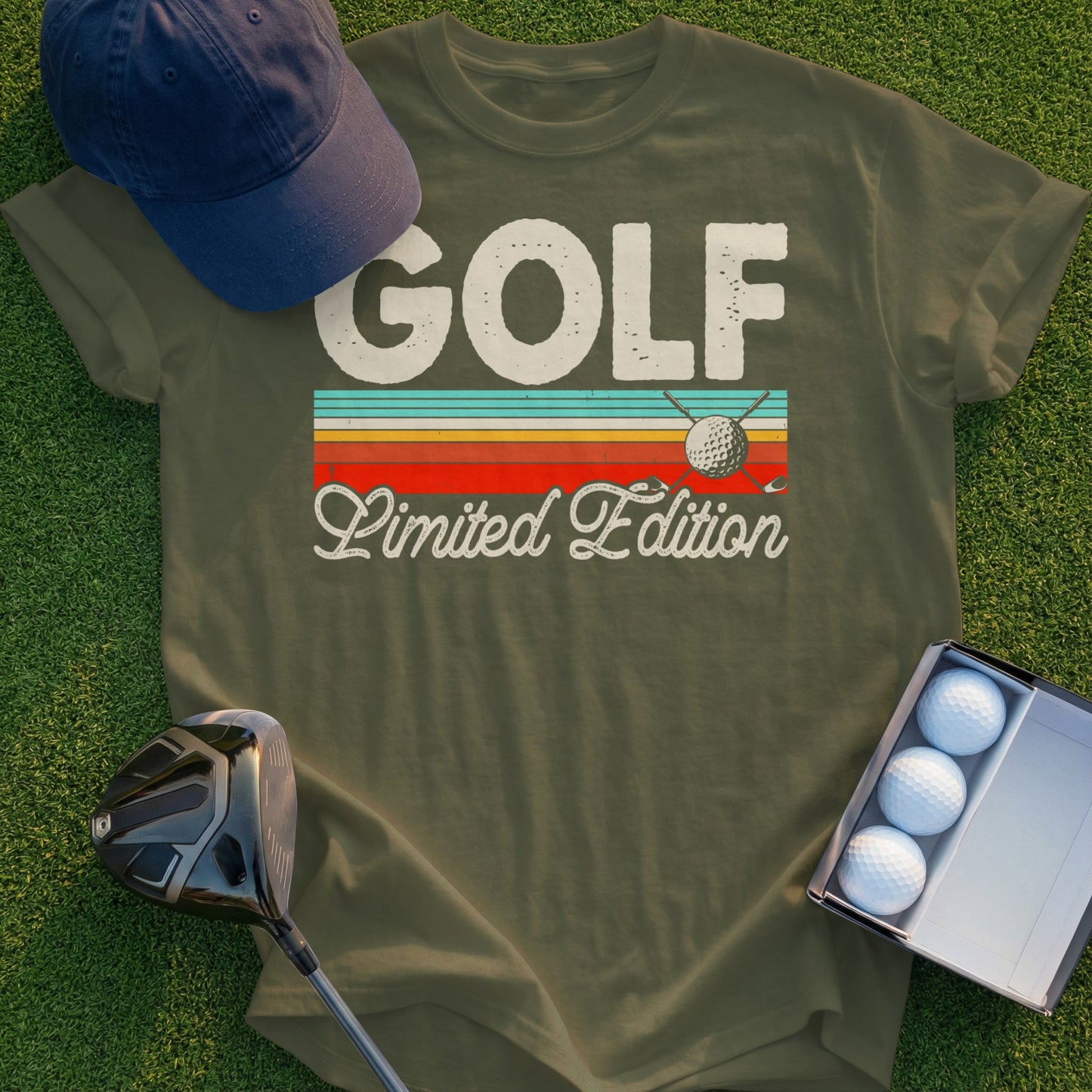 Green t-shirt with "GOLF Limited Edition" text and golf ball graphic.