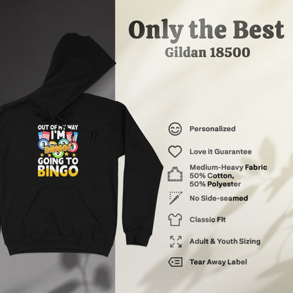 Black Gildan 18500 hoodie with "Bingo" graphic and product features.