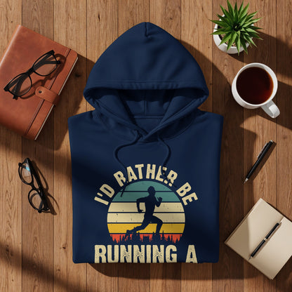 Navy hoodie with "I'd rather be running" text and silhouetted runner graphic.