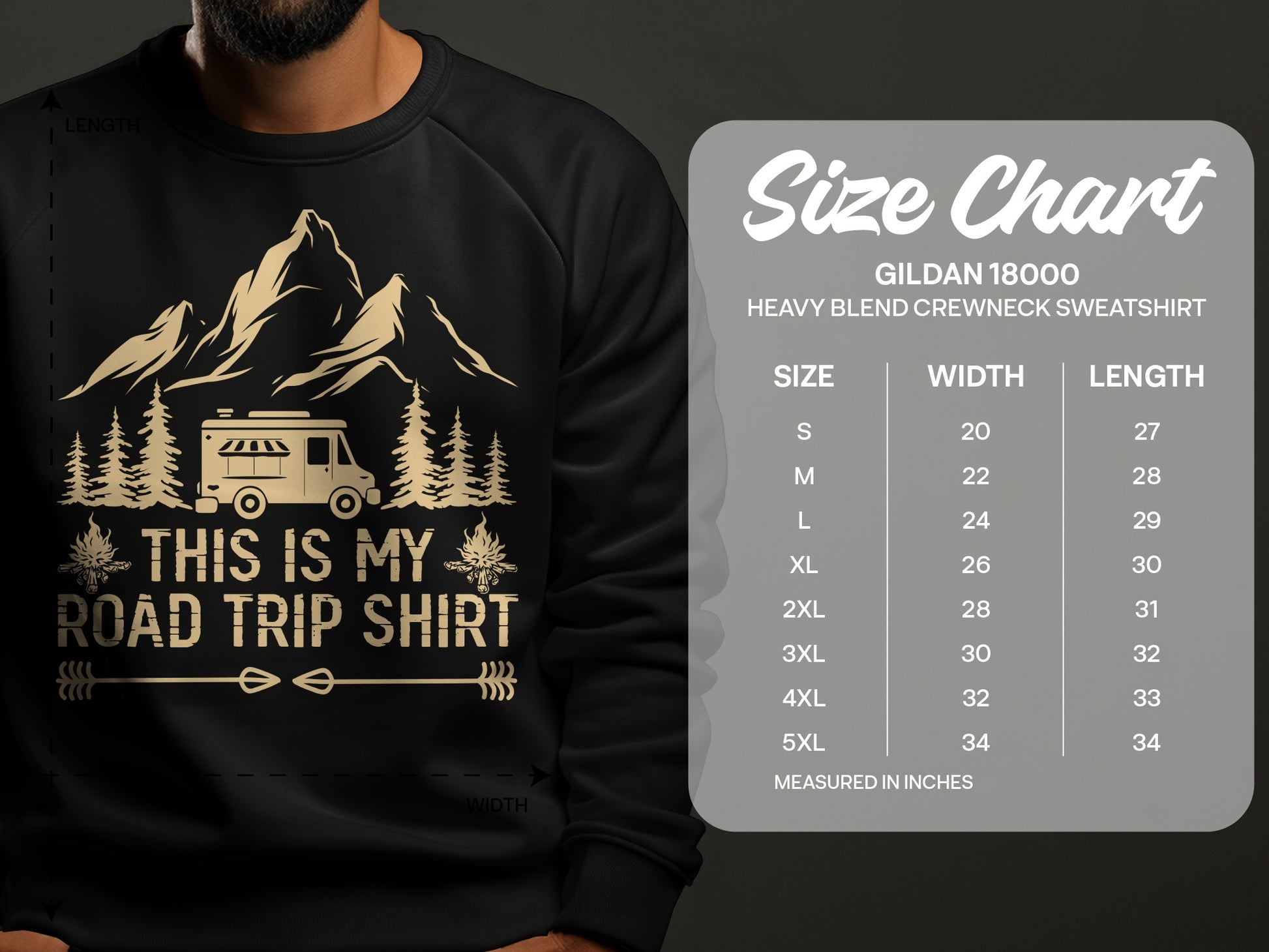 Size chart for Gildan 18000 heavy blend crewneck sweatshirt.