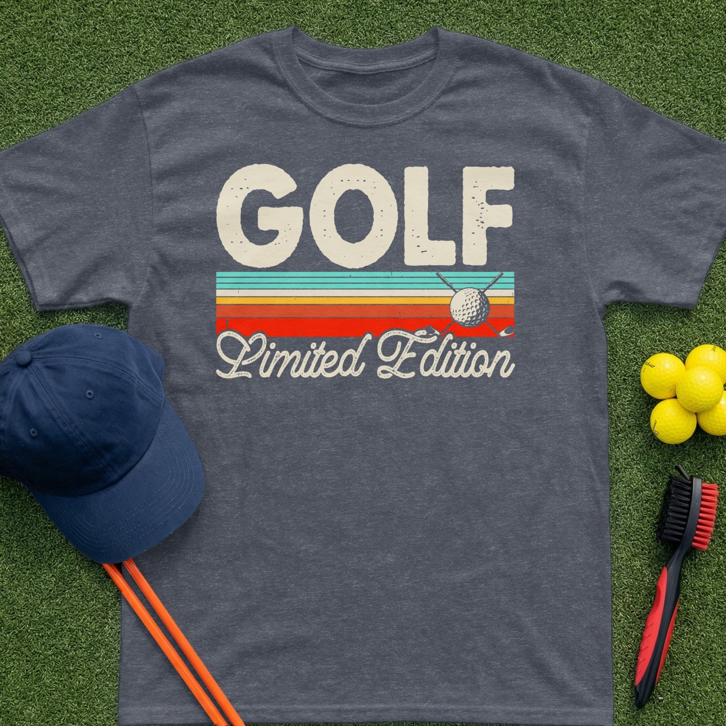 Dark heather t-shirt with "GOLF Limited Edition" in distressed retro font.