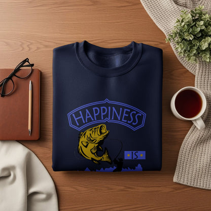 Navy sweatshirt with "Happiness is..." text and fishing graphic.