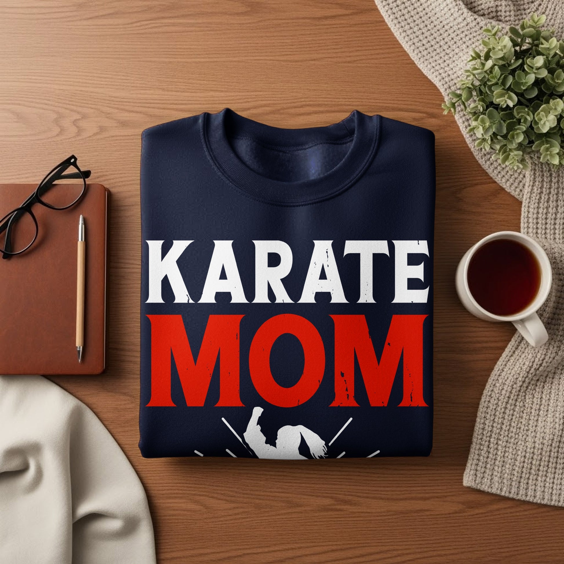 Navy blue sweatshirt with "KARATE MOM" text and karate graphic.