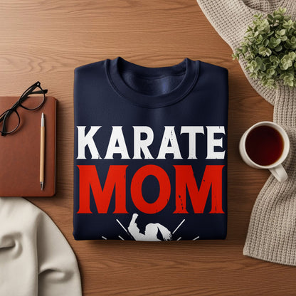 Navy blue sweatshirt with "KARATE MOM" text and karate graphic.