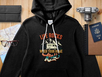 Gildan black hoodie with "Life Rocks When Your Home Roll" text and camper van graphic.