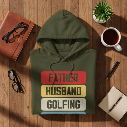 Green hoodie with "Father Husband Golfing" text in red, yellow, and white stripes.