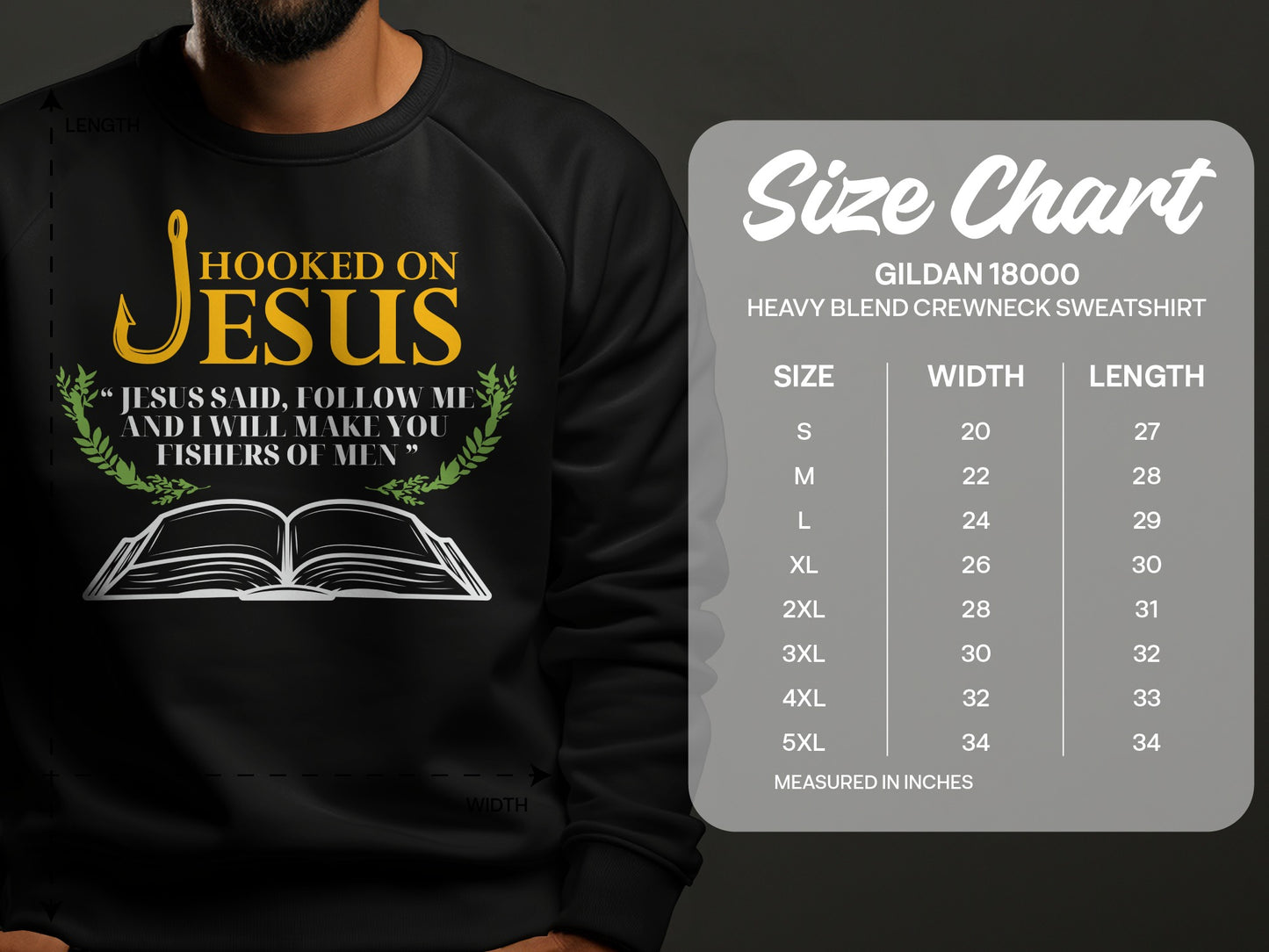 Crewneck sweatshirt size chart with "Hooked on Jesus" graphic.