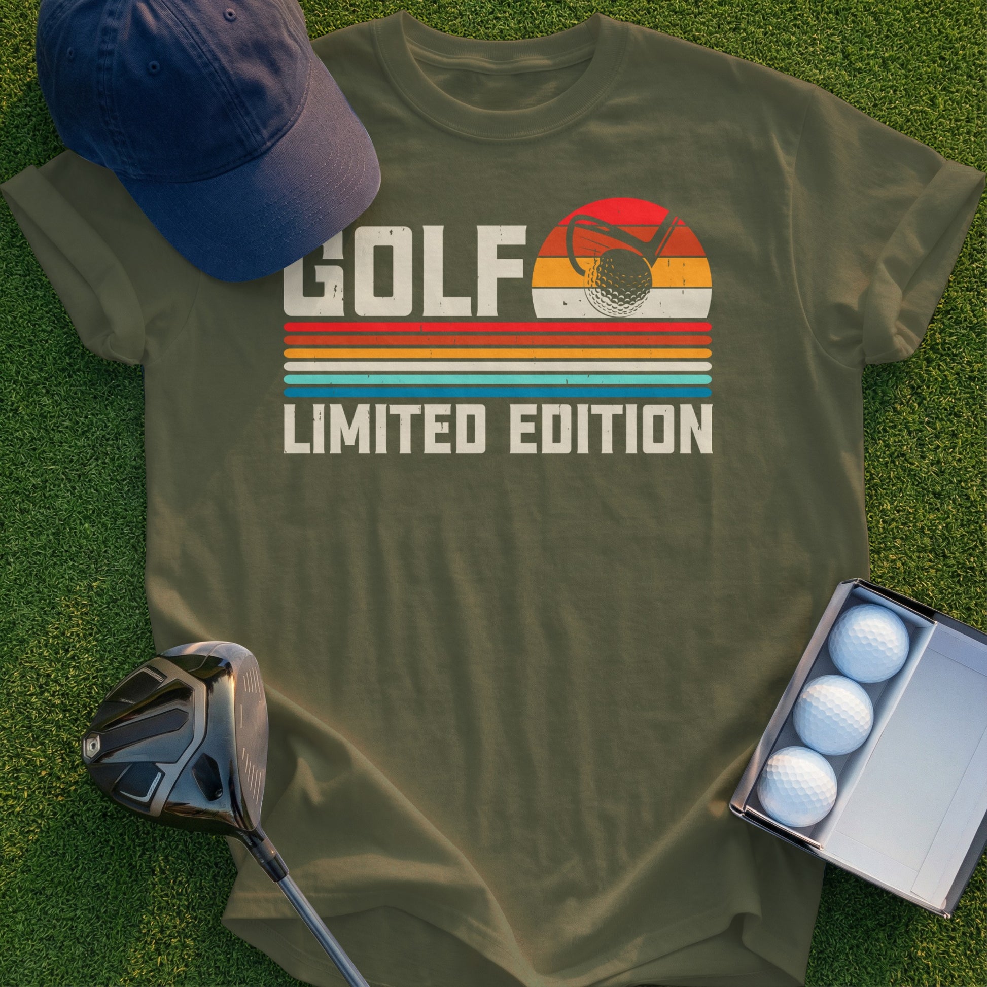 Green t-shirt with "GOLF LIMITED EDITION" text and golf ball graphic.