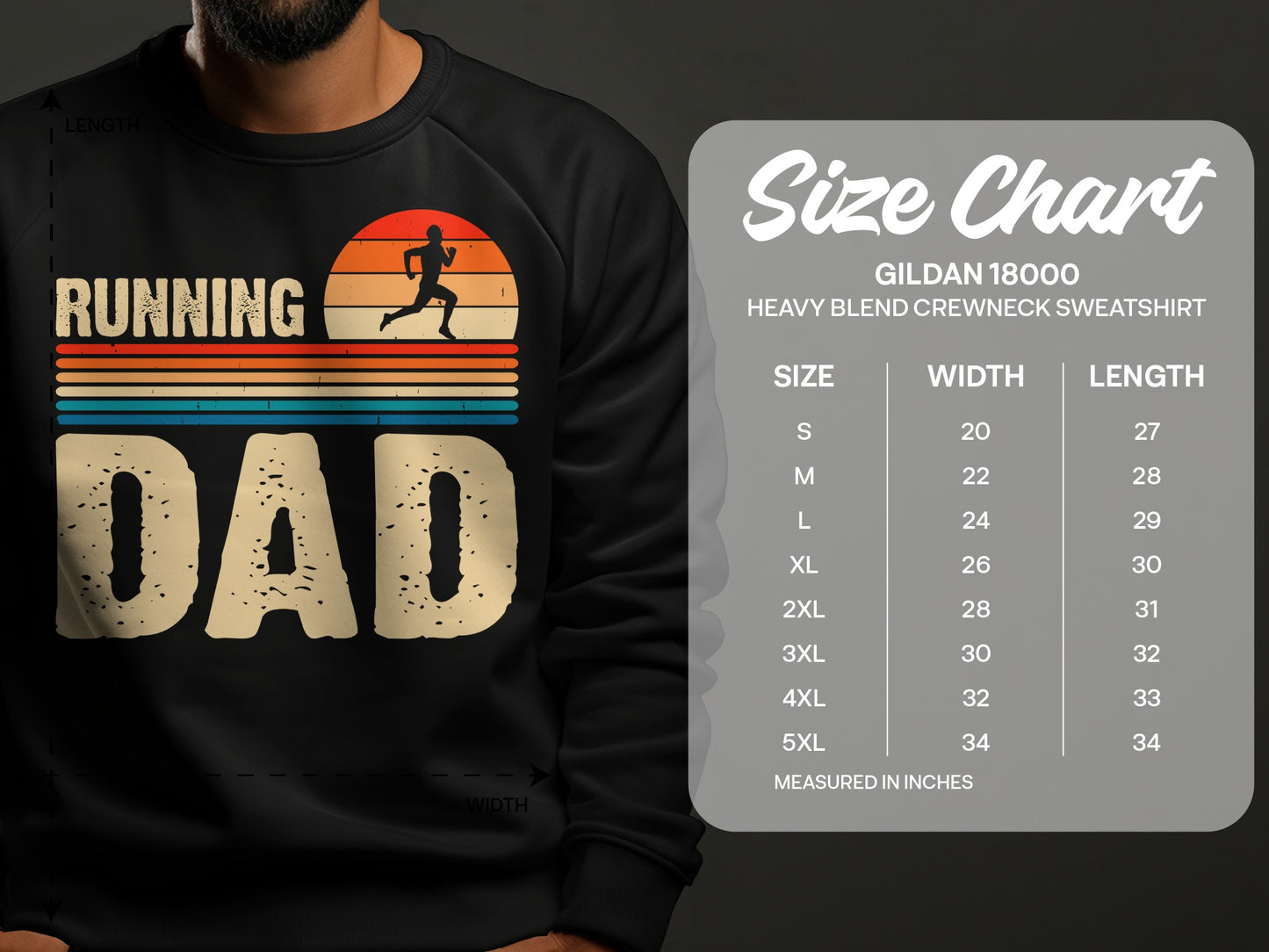 Running Dad sweatshirt graphic with size chart for Gildan 18000 sweatshirt.