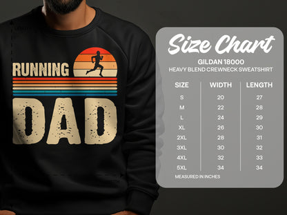 Running Dad sweatshirt graphic with size chart for Gildan 18000 sweatshirt.