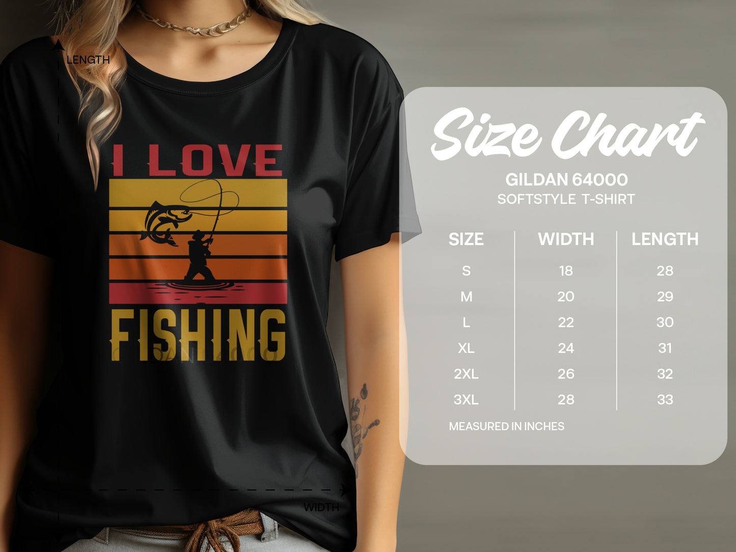 T-shirt with "I LOVE FISHING" graphic and Gildan 64000 size chart.