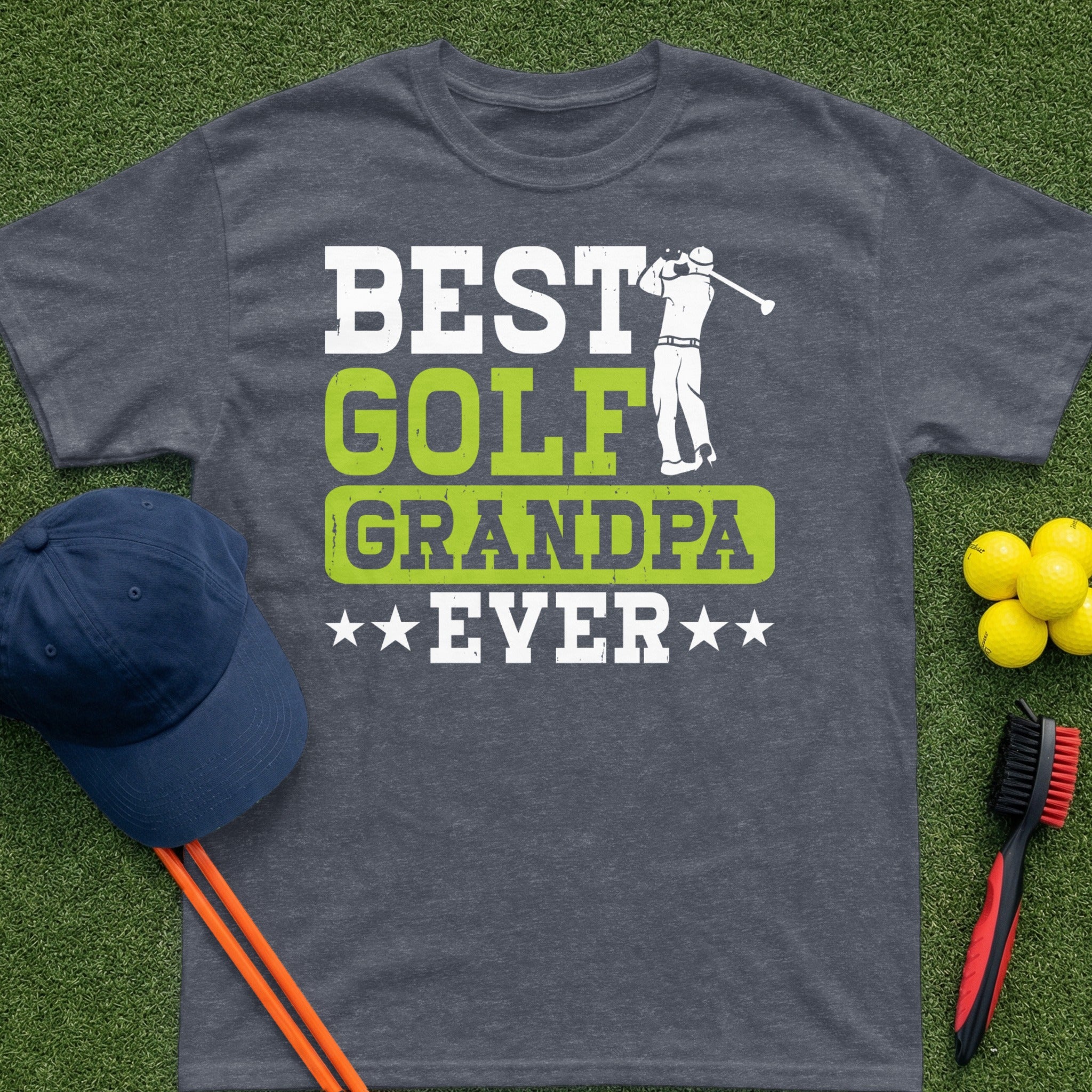 Dark gray t-shirt with "BEST GOLFER EVER" text and golf accessories.