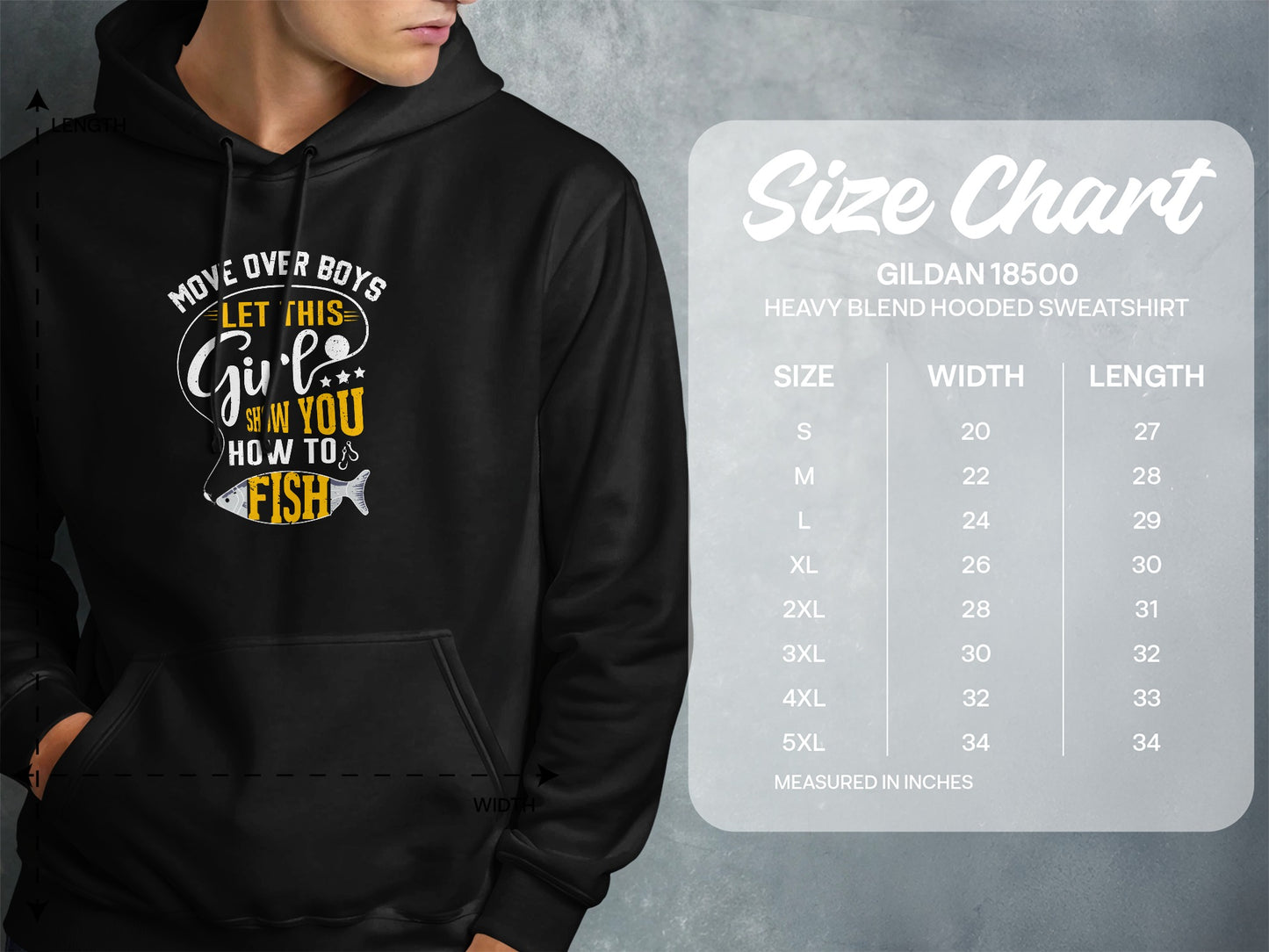 Hooded sweatshirt with "Move over boys, let this girl show you how to fish" graphic and size chart.