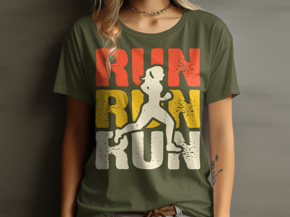 Green t-shirt with white runner silhouette and "RUN" in red, yellow, and orange.