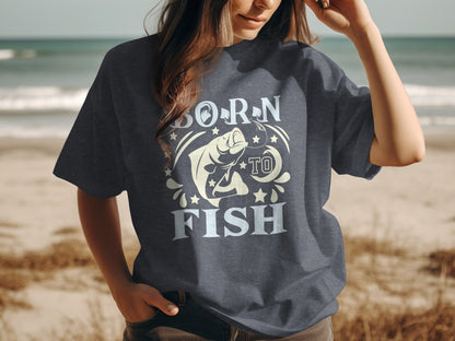 Dark t-shirt with "Born to Fish" text and a jumping fish design.