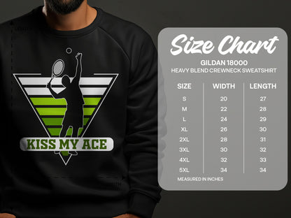Gildan 18000 sweatshirt size chart with "Kiss My Ace" graphic.