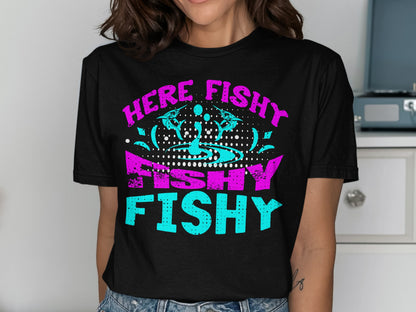 Black t-shirt with "HERE FISHY FISHY FISHY" text and abstract fish graphic.