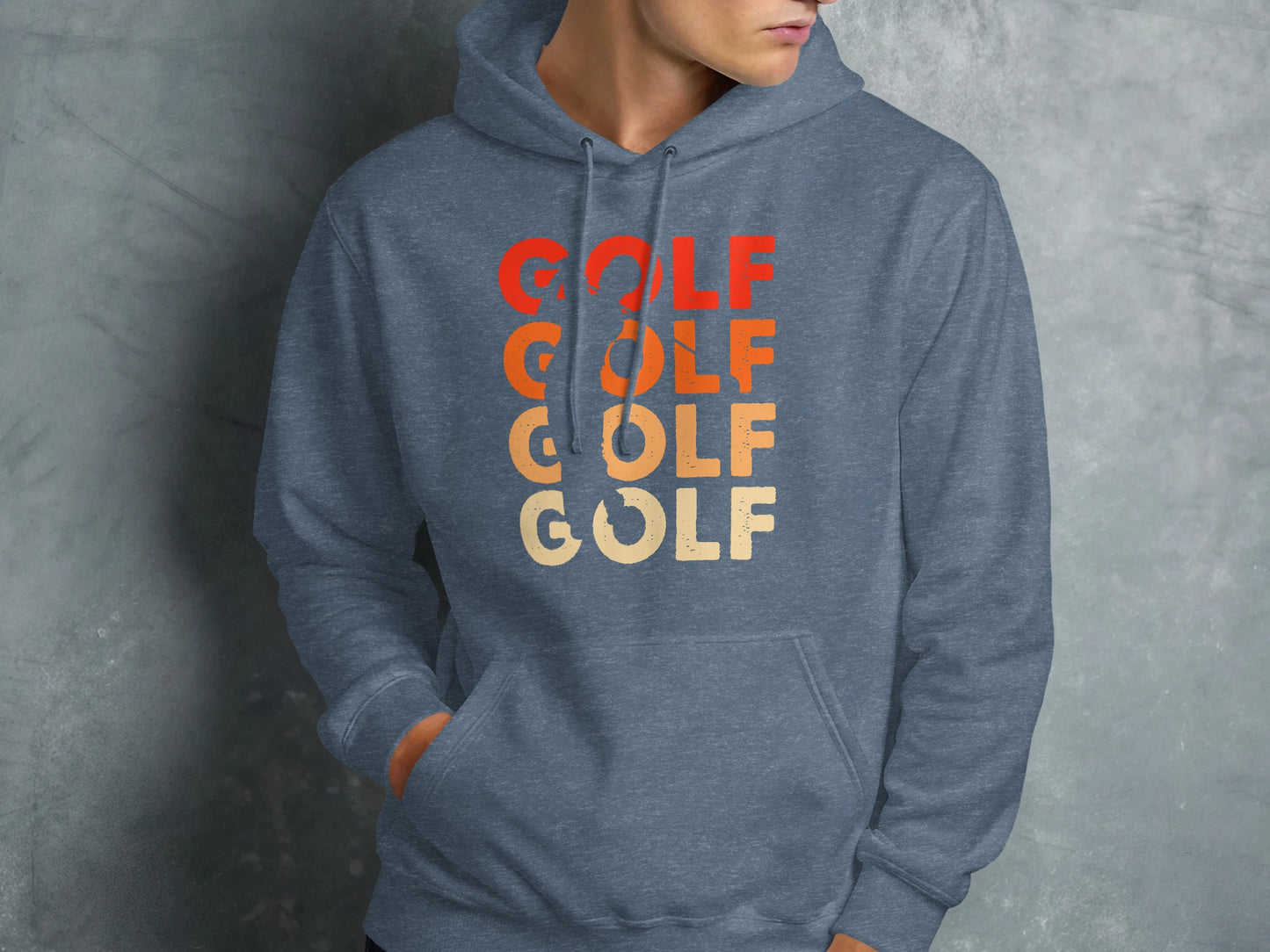 Blue hoodie with "GOLF" in orange, red, and tan lettering.