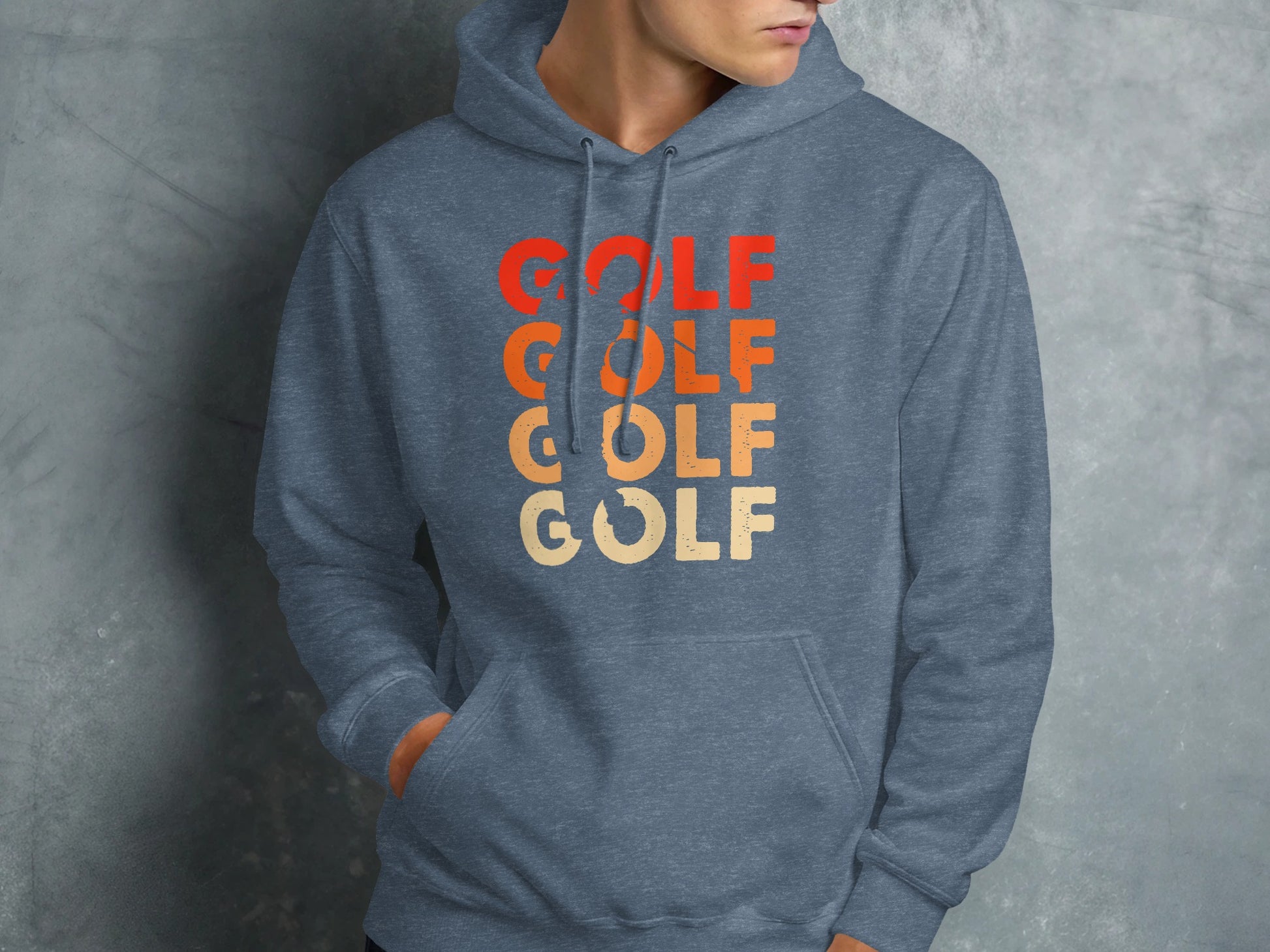 Blue hoodie with "GOLF" in orange, red, and tan lettering.