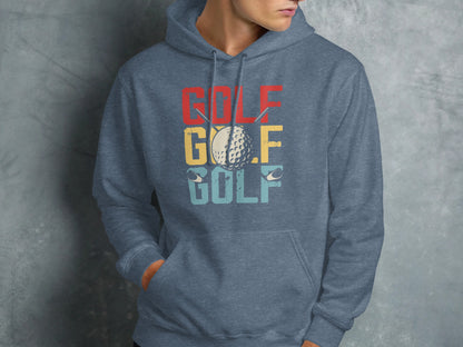 Blue hoodie with "GOLF" text and a golf ball graphic.