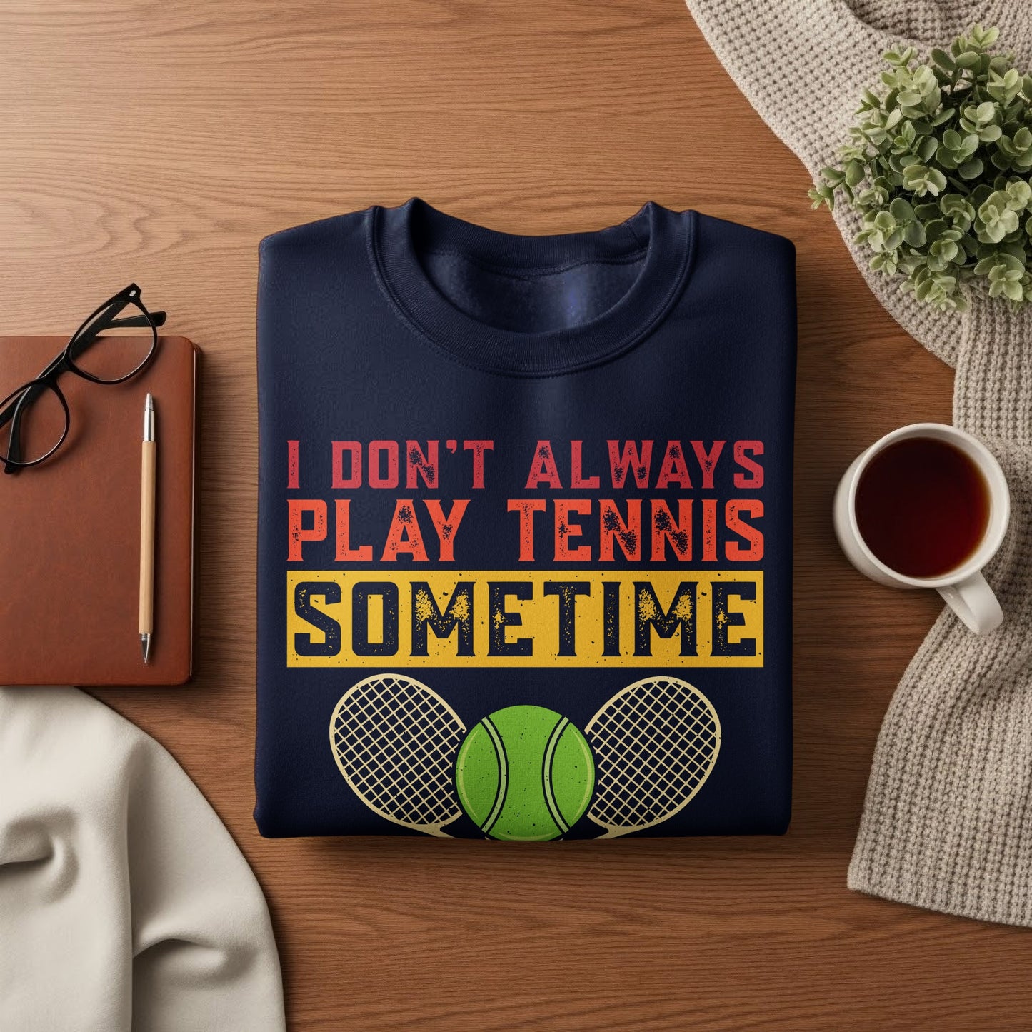 Navy sweatshirt with "I Don't Always Play Tennis Sometime" text and tennis ball graphic.