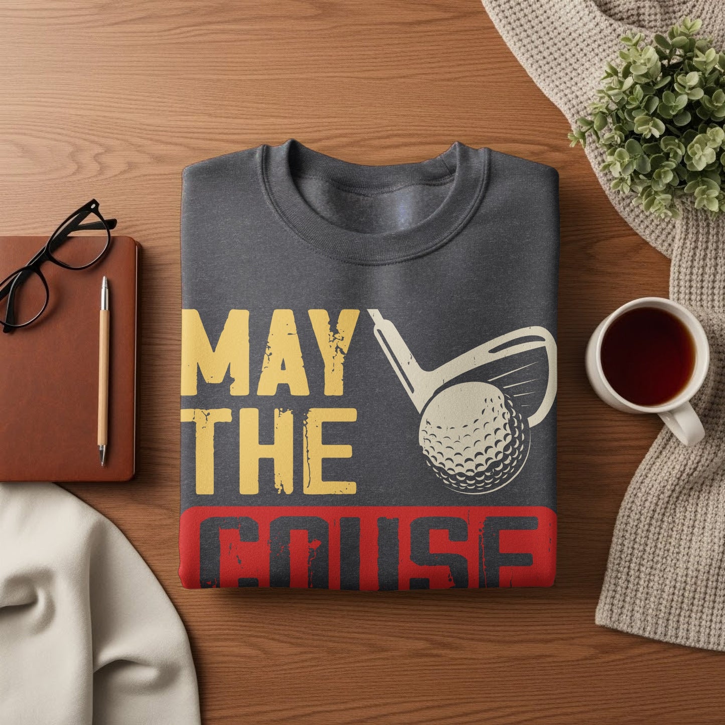 Gray sweatshirt with "MAY THE GOLF" text and golf club hitting ball.