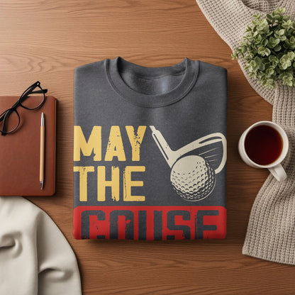 Gray sweatshirt with "MAY THE GOLF" text and golf club hitting ball.