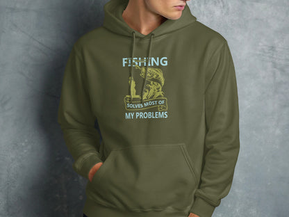 Green hoodie with "Fishing Solves Most of My Problems" text and fish graphic.
