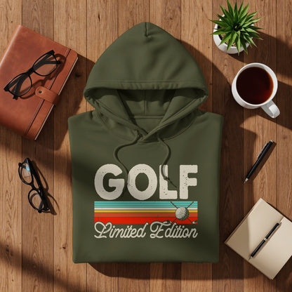Green hooded sweatshirt with "GOLF Limited Edition" text and golf ball design.