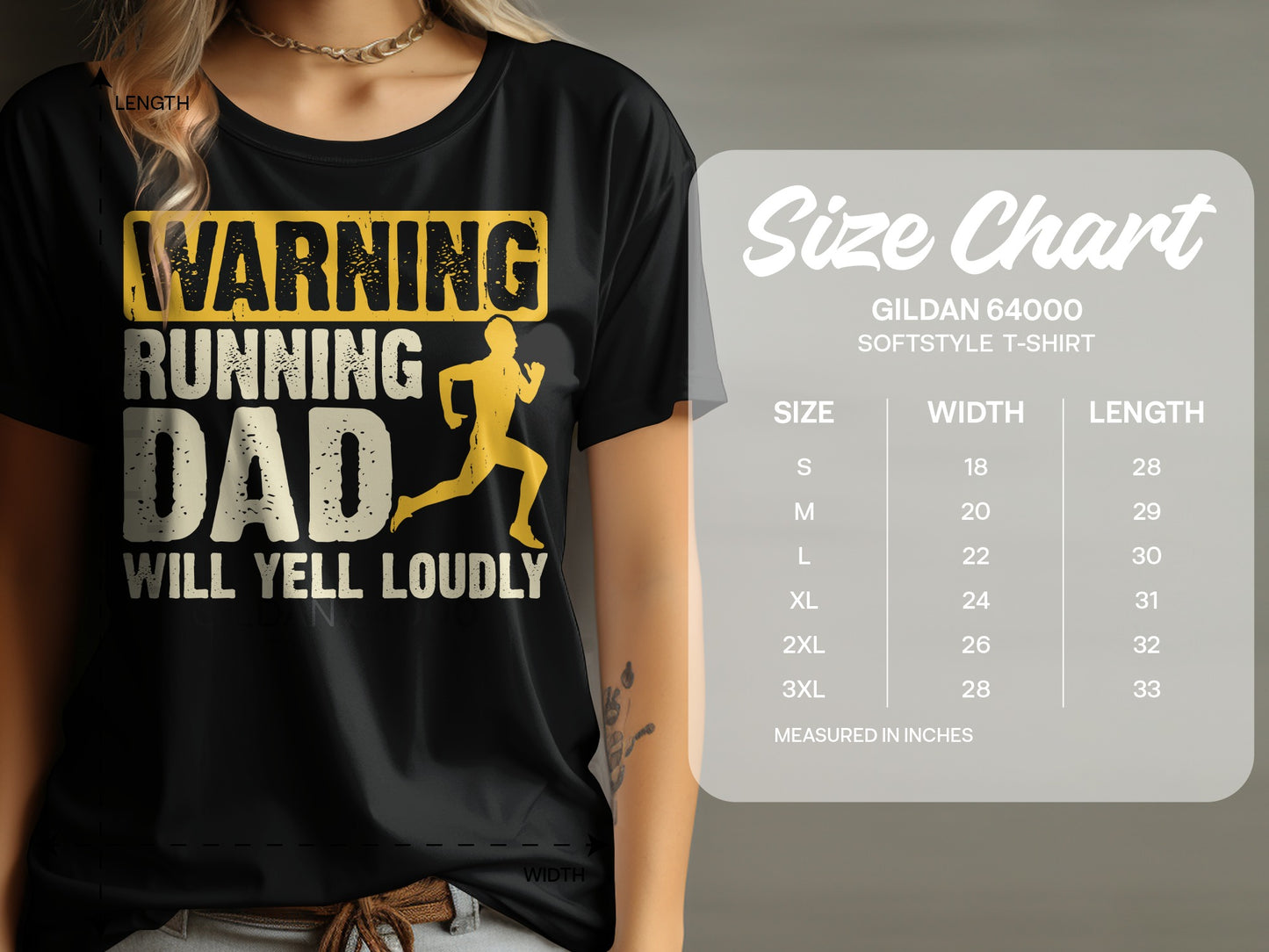 Black t-shirt with "WARNING RUNNING DAD WILL YELL LOUDLY" text and a runner graphic.