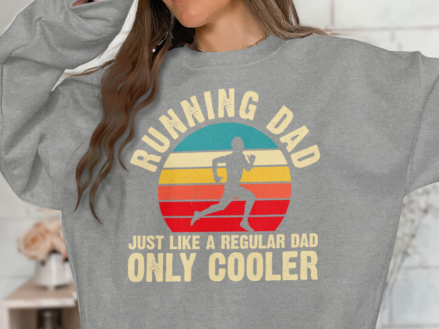 Gray sweatshirt with "Running Dad" and runner graphic.