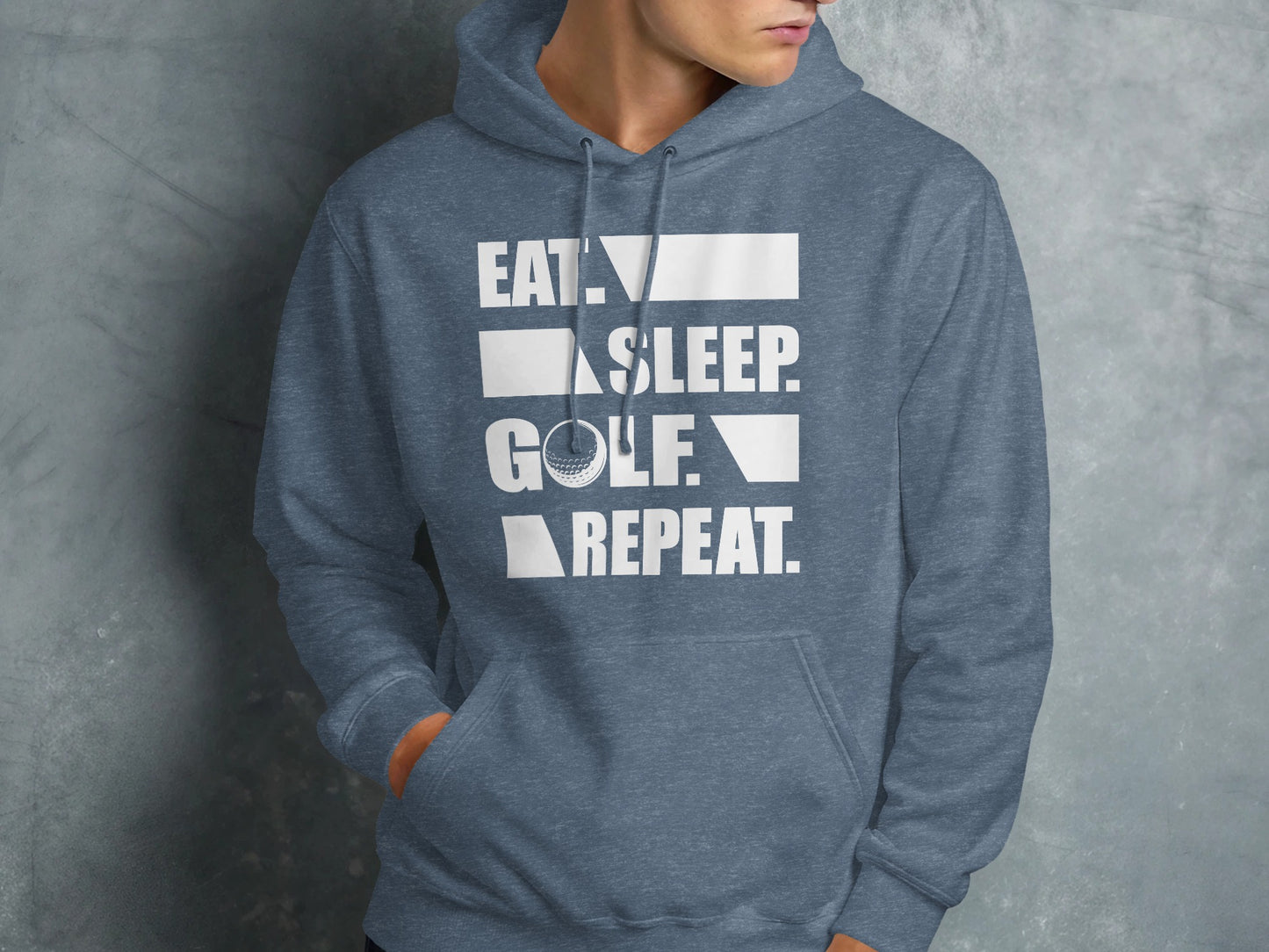 Blue hoodie with "EAT. SLEEP. GOLF. REPEAT." text and golf ball graphic.