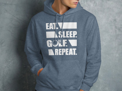 Blue hoodie with "EAT. SLEEP. GOLF. REPEAT." text and golf ball graphic.