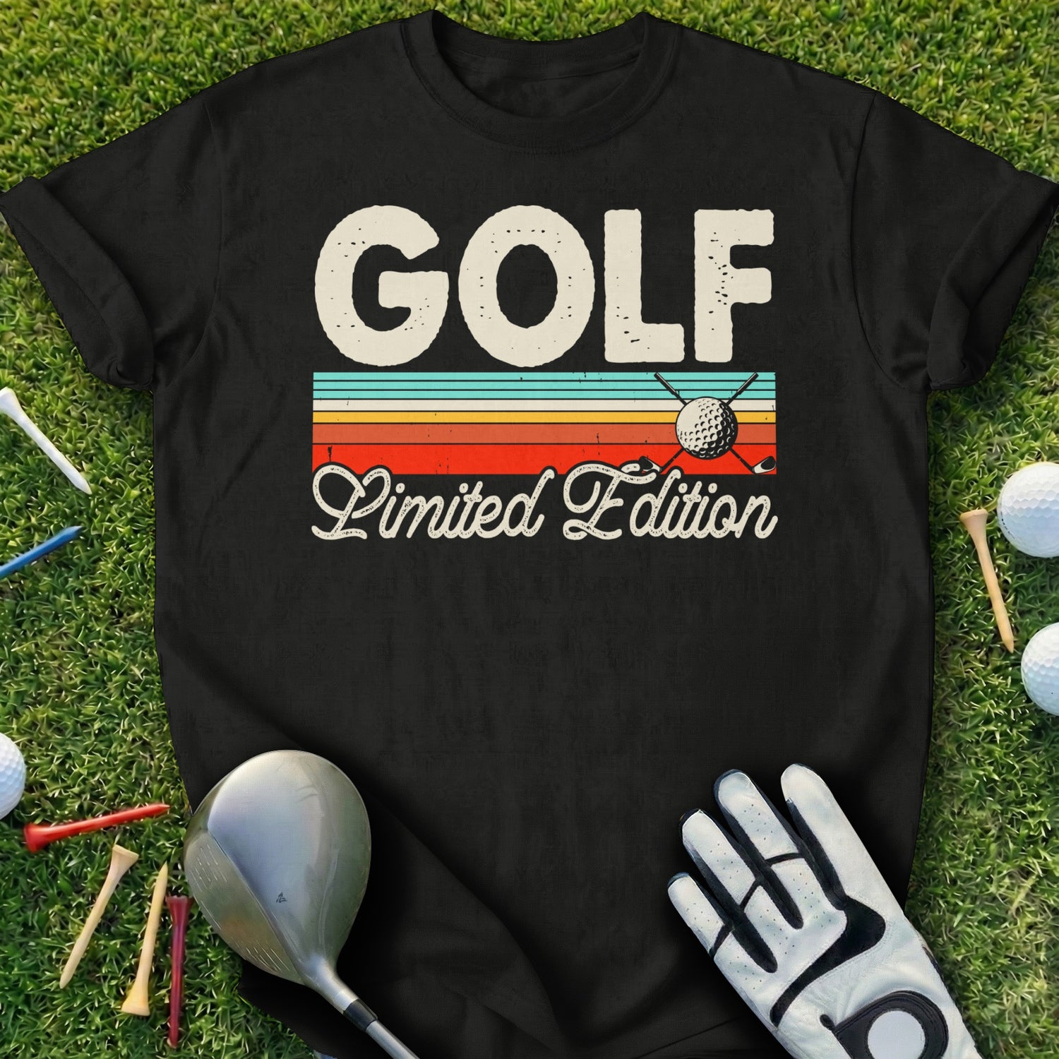 Black t-shirt with "GOLF Limited Edition" text and a golf ball.