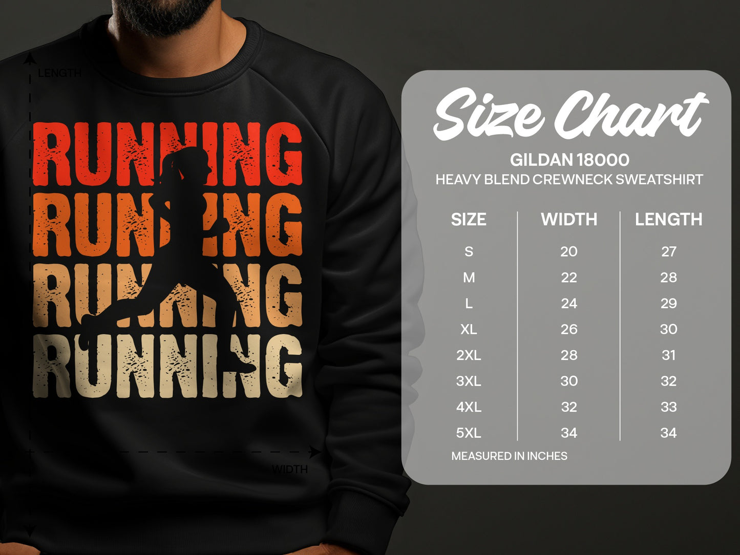 Running sweatshirt size chart with length and width measurements.