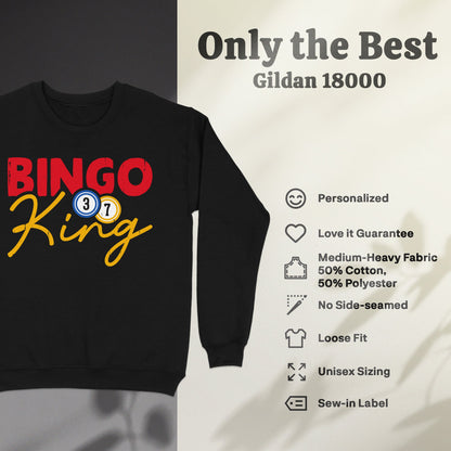 Black sweatshirt with "Bingo King" graphic and product features on the right.